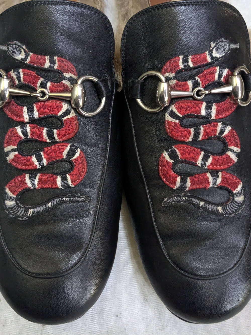 Gucci Princetown Horsebit Loafers Black Snake Fur Leather Mules - Picture 5 of 14